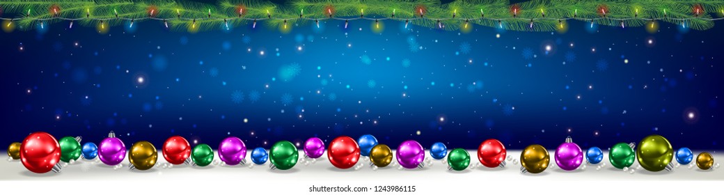 Christmas blue banner with pine branches snowflakes and decorations