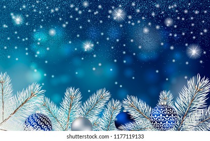 Christmas blue banner with Stardust sparks, fir branches and balls. Vector Christmas design for greeting card, party invitation, holiday sales.