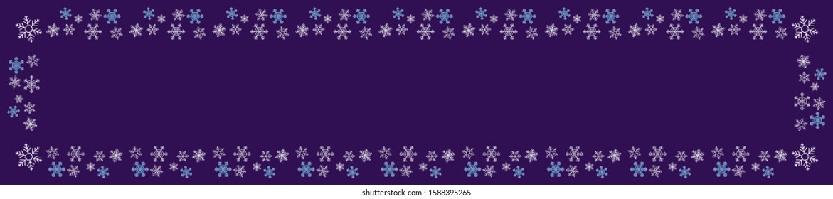 Christmas blue banner. White and sky blue snowflakes border. Christmas theme with snowflake ornament. Design for greeting cards, banners, headers, posters. Place for text. Vector illustration. EPS 10