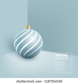 Christmas blue bauble with geometric pattern. 3d realistic style on wall background. Vector illustration.