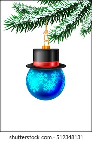 Christmas blue bauble on christmas tree with snow on evergreen branches. Vector illustration on white background with snow