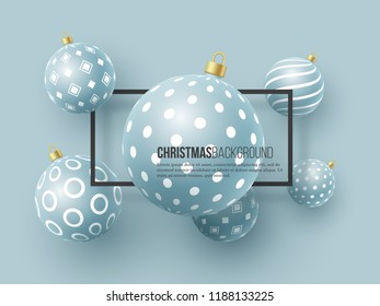 Christmas blue baubles with geometric pattern. 3d realistic style with black frame, abstract holiday background. Vector illustration.