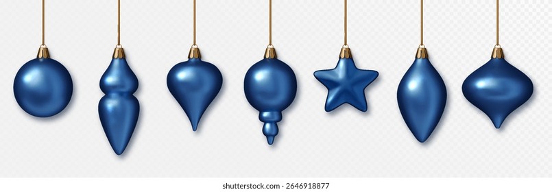 Christmas blue baubles realistic set. Shiny 3D ornaments in blue metallic colors. Elegant holiday decorations for New Year, Xmas tree, celebration design.