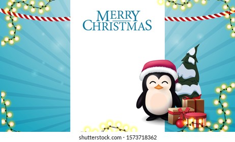 Christmas blue blank template for postcard or discount with white stripe for text, penguin in Santa Claus hat with presents and Christmas tree