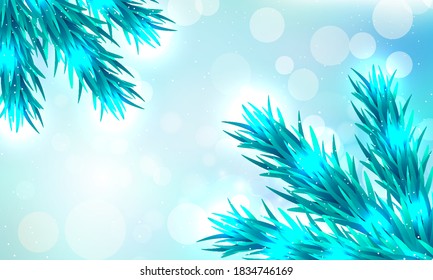 Christmas blue bokeh background with christmas tree branches and snowflakes, vector art illustration.