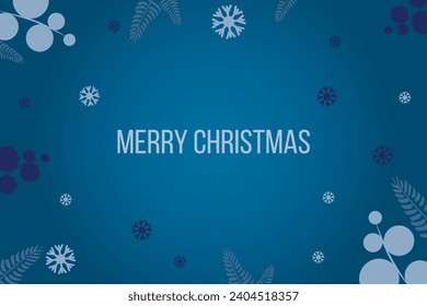 Christmas blue card with New Year minimalistic patterns of different shades of blue color with snowflakes and decorative branches. With text. Horizontal. Vector.