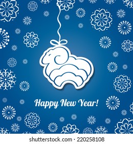 Christmas  blue card with sheep. Vector background.