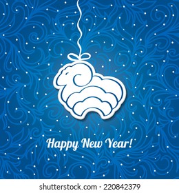 Christmas  blue card with sheep. Vector background. 