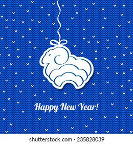 Christmas  blue card with sheep. Vector New Year Knitting Background. EPS10.