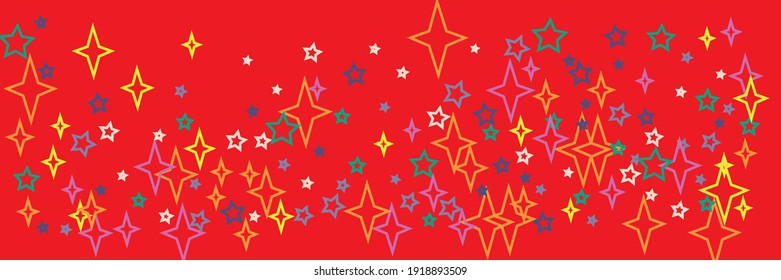 Christmas Blue Chaotic Violet Vibrant New Year White Background. Print Red Horizontal Stars Orange Vivid Sky Background. Colorful Yellow Bright Multicolor Santa Green Holiday Stars Ornament.