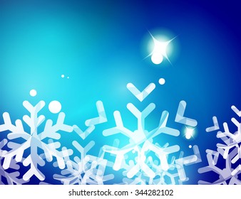 Christmas blue color abstract background with white transparent snowflakes. Holiday winter template, New Year layout