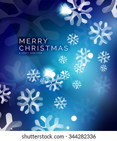 Christmas blue color abstract background with white transparent snowflakes. Holiday winter template, New Year layout