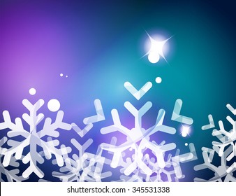Christmas blue color abstract background with white transparent snowflakes. Holiday winter template, New Year layout