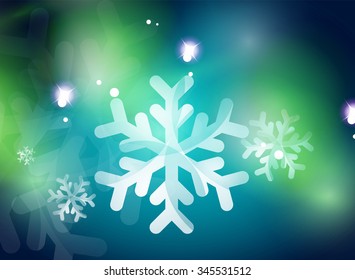 Christmas blue color abstract background with white transparent snowflakes. Holiday winter template, New Year layout