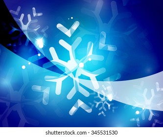 Christmas blue color abstract background with white transparent snowflakes. Holiday winter template, New Year layout