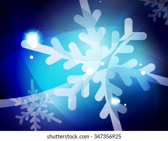 Christmas blue color abstract background with white transparent snowflakes. Holiday winter template, New Year layout