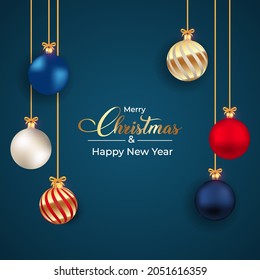 Christmas blue color background with luxurious red, blue, white, and golden decoration balls. 3D ball design with multiple colors on a dark blue background. 3D realistic ball design with calligraphy.