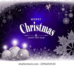Christmas blue composition with three white balls and a big snowflake