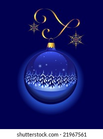 Christmas blue decoration on gold ribbon