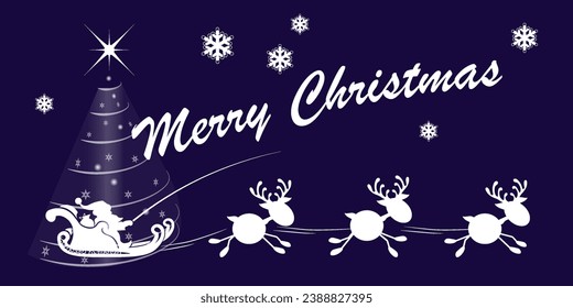 Christmas blue drawing, Santa Claus rides in a sleigh with little reindeer.