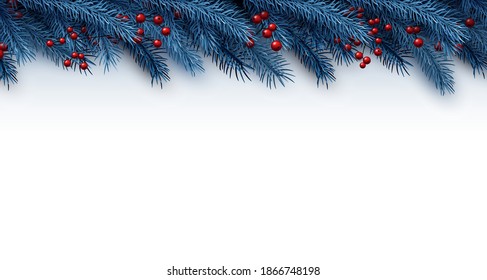 Christmas blue fir background with red berries and space for text. Vector illustration.