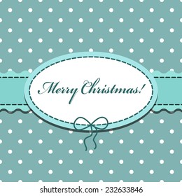 Christmas blue flat background with the little dots, ribbon and oval frame with bow and stitched thread for congratulations. Can be used as greeting card