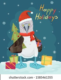 Christmas blue footed booby bird in red Santa hat with stylized fir tree and presents. Vector illustration