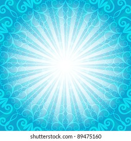Christmas blue frame with rays and vintage pattern (vector EPS 10)