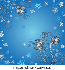 Christmas blue frame with stylized snowflakes. Vector