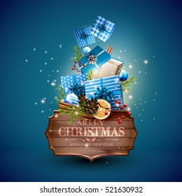 Christmas blue gift boxes, baubles and wooden sign on blue background - Luxury Christmas greeting card