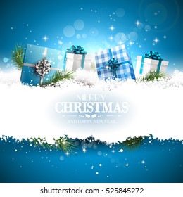 Cajas de regalo azules de Navidad y ramas en la nieve - Tarjeta de felicitación navideña de lujo