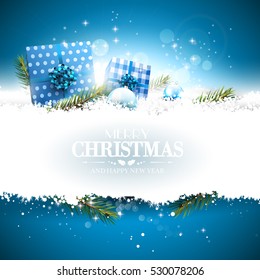 Christmas blue gift boxes and branches in the snow - Luxury Christmas greeting card