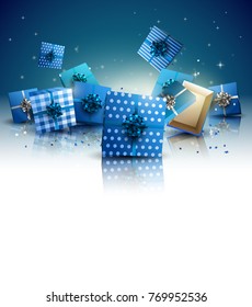 Christmas blue gift boxes on blue background - Luxury Christmas background with place for your message