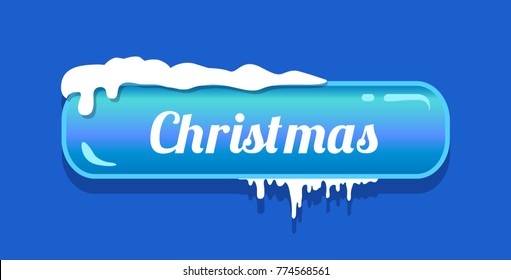 Christmas blue glossy button, vector illustration of white word isolated on push-button with aquamarine frame with snowy piles on it, isolated on blue
