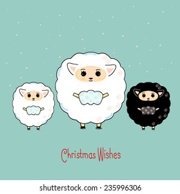 Christmas blue green vector background with three cute sheep and snowflakes. New year 2015.