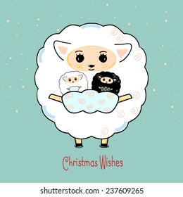 Christmas blue green vector background with a cute sheep, two baby lambs and snowflakes. New year 2015.