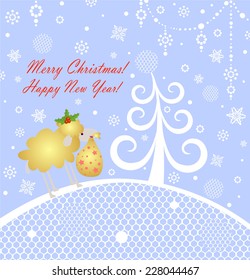 Christmas blue greeting card with lamb