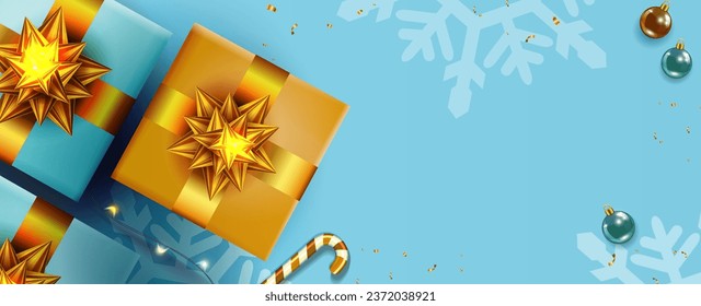 Christmas blue holiday card, composition with gift boxes with golden bow.