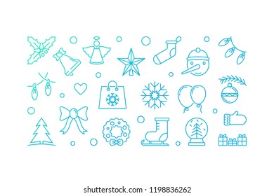 Christmas blue horizontal illustration. Vector banner made with xmas outline icons on white background