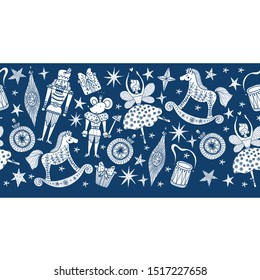 Christmas blue horizontal vector seamless Nutcracker pattern.  Seamless pattern can be used for wallpaper, pattern fills, web page background, surface textures.