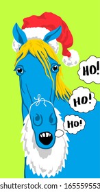 Christmas blue horse. A horse dressed as Santa that says Ho! Ho! Ho!. Funny illustration. 