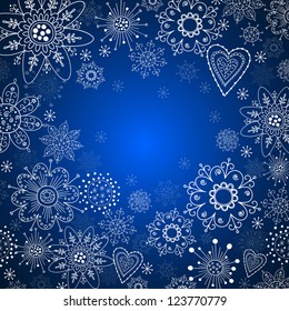 Christmas blue invitation card with white snowflake