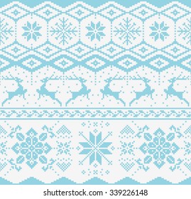 Christmas blue knitted seamless pattern on white background. Scandynavian sweater style. 