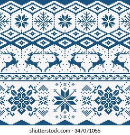 Christmas blue knitted seamless pattern on white background. Scandynavian sweater style. 