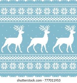 Christmas blue knitted winter sweater vector seamless pattern ornament with pixel art deer