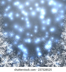Christmas blue lights background with snowflake shapes.