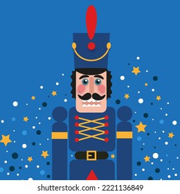 Christmas Blue Nutcracker. Doll guard. Cute soldier toy. December Ballet party. Creative Merry Xmas invitation. Happy New Year. Winter holidays. Vector
