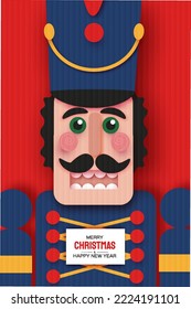 Christmas Blue Nutcracker, Doll guard in paper cut style. Cute soldier toy. December Ballet party. Creative Merry Xmas invitation. Happy New Year. Space for text.Winter holidays. Vector