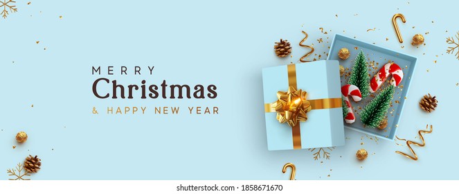 Christmas Blue Open Gift Box Template. Xmas Design Realistic Decorative Objects. Sale Banner, Surprise Poster, Flyer And Brochure. Mock Up Holiday. Celebrate Header For Website Flat Lay. New Year