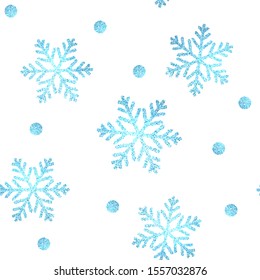 Christmas blue pattern, glittering snowflakes. Vector seamless background